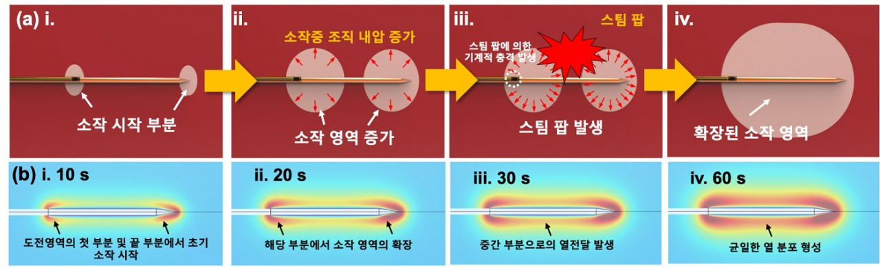 이번 연구에서 확인된 스팀 팝 발생 과정의 (a) 개략도와 (b) 시뮬레이션 결과. [KAIST 제공]