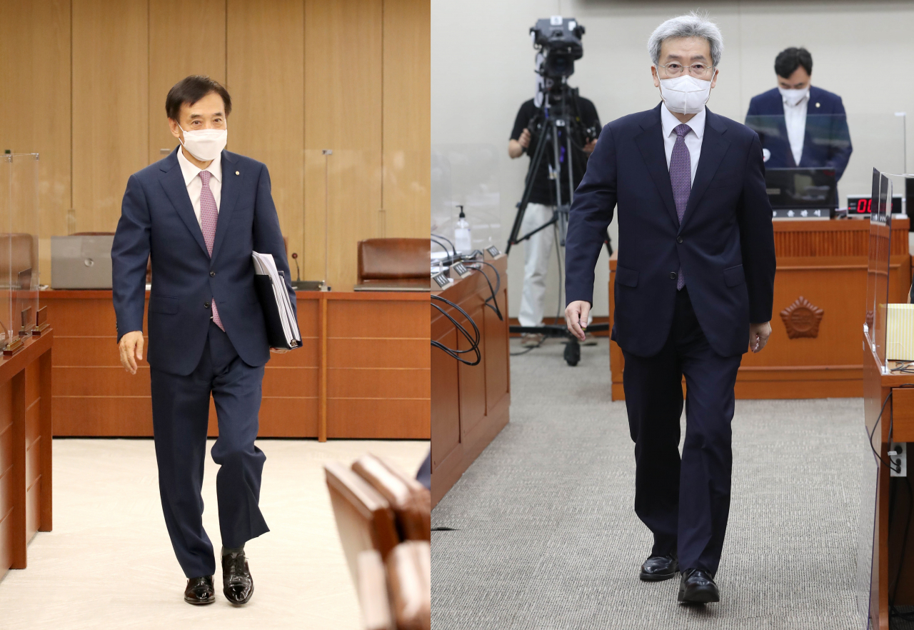 이주열 한국은행 총재(왼쪽)와 고승범 신임 금융위원장