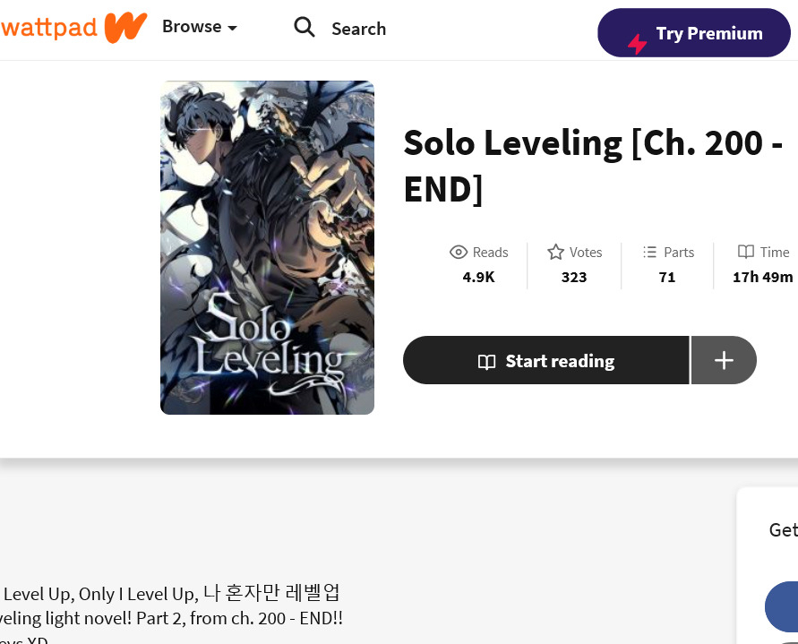 왓패드에 올라온 ‘나 혼자만 레벨업’의 영문 불법 번역본. 해당 작품은 카카오의 오리지널 IP [왓패드 캡처]