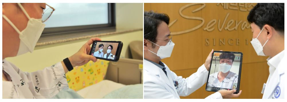[사진설명] 환자와 의료진이 화상으로 회진하는 장면. 환자는 정해진 예약 시간에 My세브란스 앱을 통해 접속하면 의료진과 화상으로 현재 상태나 향후 치료계획 등에 대해 설명을 들을 수 있다.