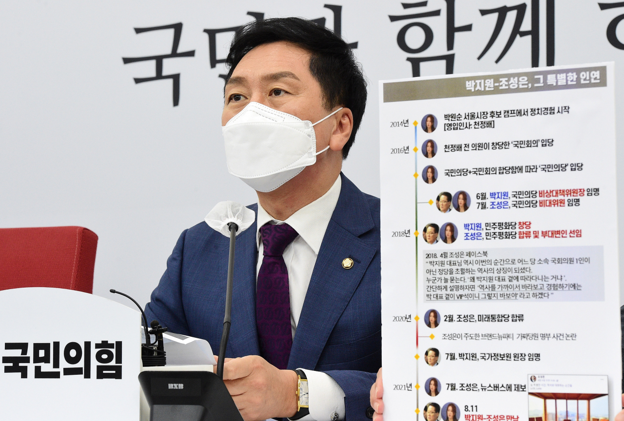 국민의힘 김기현 원내대표가 12일 국회에서 공수처의 김웅 의원실 압수수색 관련 절차상 문제점과 '고발 사주' 의혹 제보자인 조성은 전 미래통합당 선거대책위원회 부위원장과 박지원 국정원장과의 만남 등에 대해 발언하고 있다. 한편 박지원 국정원장은 조성은 전 부위원장과 만나기는 했지만 해당 의혹에 대해선 전혀 얘기를 나누지 않았다고 밝혔다. [연합]