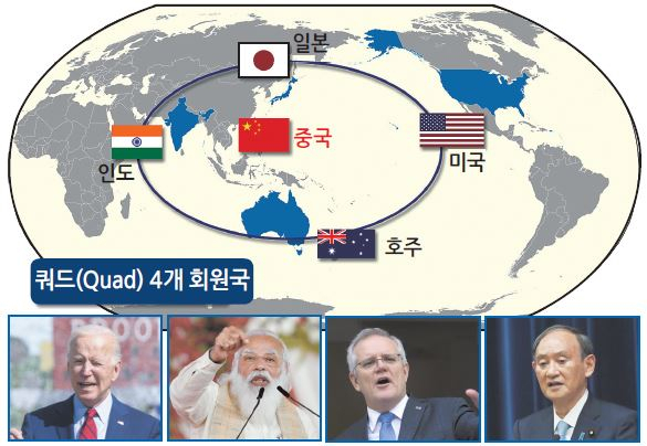 미국·일본·호주·인도 4개국 안보 협의체인 ‘쿼드(Quad)’의 첫 대면 정상회의가 오는 24일(현지시간) 워싱턴DC 백악관에서 개최된다. 조 바이든(왼쪽 부터) 미국 대통령, 나렌드라 모디 인도 총리, 스콧 모리슨 호주 총리, 스가 요시히데(菅義偉) 일본 총리. [AP, 로이터]