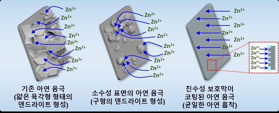 아연 음극 표면의 화학적 성질에 따라 다르게 형성되는 덴드라이트 형태 모식도.[한국생산기술연구원 제공]