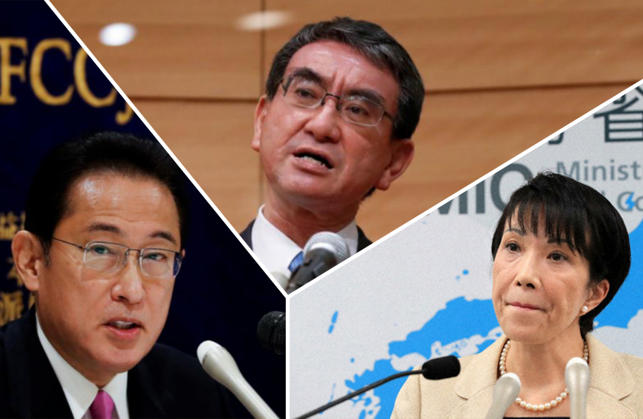 기시다 후미오(岸田文雄·왼쪽부터) 전 자민당 정무조사회장, 고노 다로(河野太郞) 행정개혁담당상, 다카이치 사나에(高市早苗) 전 총무상의 모습. [로이터, AFP, 마이니치]
