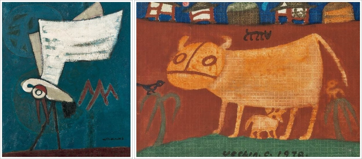 김환기 ‘무제’, oil on canvas, 45.2&times;37.8cm(8), 17.8&times;14.9in(왼쪽) 장욱진 ‘무제’, oil on board, 17.8&times;25.3cm, 7&times;10in, 1978 [서울옥션 제공]