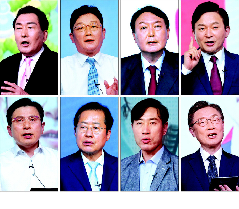 15일 국민의힘 1차 예비경선(컷오프)을 통과한 안상수(사진 왼쪽 맨위부터 시계방향), 유승민, 윤석열, 원희룡, 최재형, 하태경, 홍준표, 황교안 후보(이상 가나다 순). 국민의힘은 다음달 8일 2차 예비경선에서 4명으로 후보를 압축한 뒤 11월5일 최종 후보자를 확정한다. [연합]