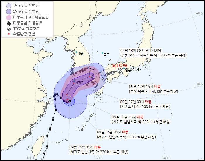 제14호 태풍 '찬투'가 16일 오후부터 17일 사이 우리나라에 본격적으로 영향을 미치며 제주도와 남부지방에 강한 비바람을 몰고 올 예정이다. 기상청은 15일 브리핑을 통해 찬투는 이날 오전 9시 기준 서귀포 남남서쪽 약 340㎞ 부근에서 시속 9㎞의 속도로 북북동진하고 있다고 밝혔다. 태풍의 중심 최대풍속은 초속 29ｍ, 강도는 중간 수준이다. 찬투는 17일 제주도에 근접하고 오전 중 제주도를 지나며 이동속도가 점차 증가해 동북동진하며 밤사이 대한해협을 통과할 것으로 예상된다. 태풍이 우리나라에 가장 영향을 미치는 시점은 제주도 16일 오후&sim;17일 낮, 전라권 17일 새벽&sim;오후, 경상권 17일 아침&sim;밤이 될 전망이다. 사진은 기상청이 15일 오후 4시 발표한 태풍 '찬투' 예상 진로도. [연합]