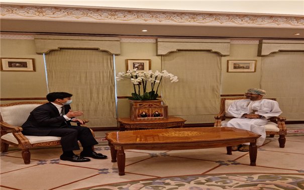 Second Vice Foreign Minister Choi Jong-moon (left) speaks with Omani Foreign Minister Badr Albusaidi during his recent visit to the country. (Ministry of Foreign Affairs)