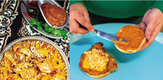 캅사(Kabsa) (왼쪽), 중동 대표 테이블 소스 하리사(Harissa).