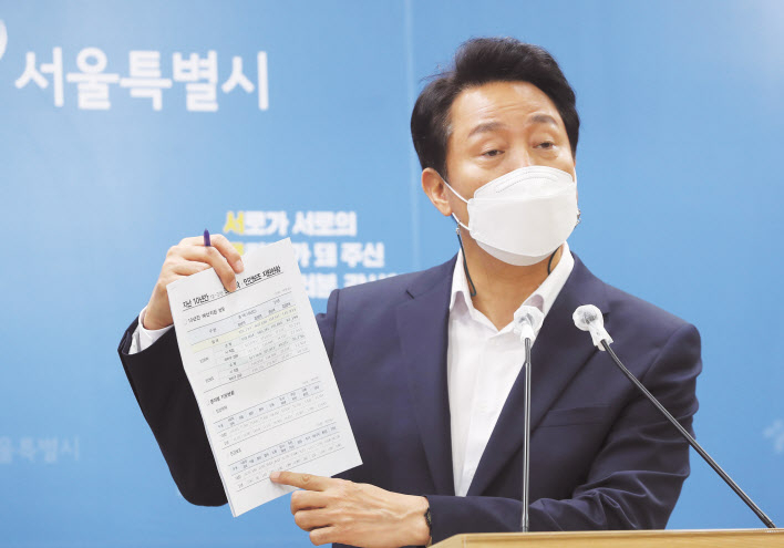 오세훈 서울시장이 16일 오전 서울시청에서 ‘서울시 바로세우기 가로막는 대못’ 입장문을 발표하면서 민간보조 및 민간위탁 지원현황 자료를 들어 보이고 있다. [연합]