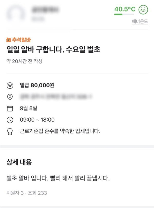 당근마켓에 올라온 추석 단기 알바 사례 [당근마켓 제공]