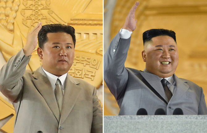 북한 김정은 국무위원장(왼쪽)이 지난 9일 평양 김일성 광장에서 열린 정권 수립 73주년(9·9절) 경축 민간 및 안전무력 열병식에 참석한 모습. 지난해 10월 10일 조선노동당 창건 75주년 경축 열병식에 참석한 모습(오른쪽)과 비교해 확연히 체중 감량한 모습이 보인다. [연합]