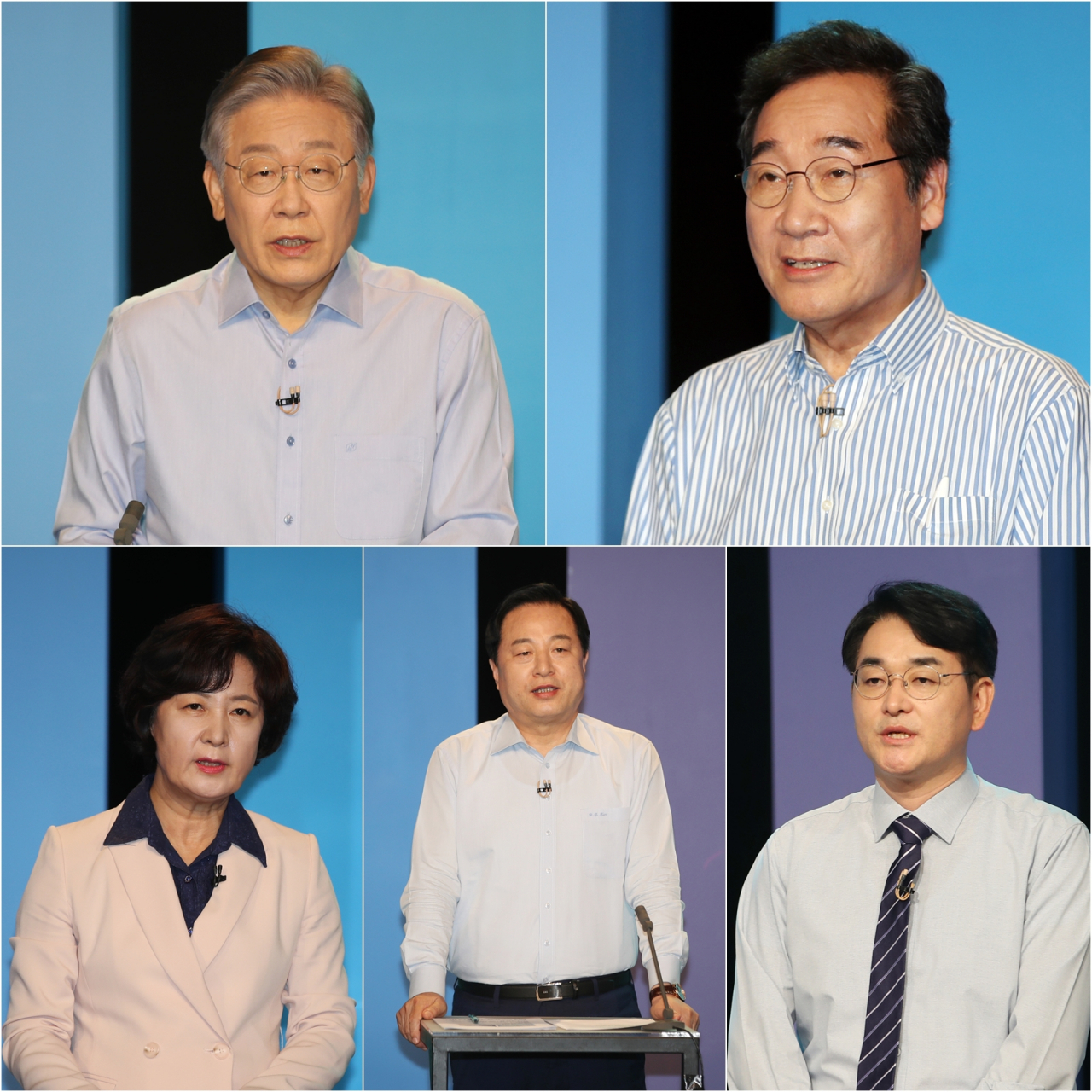 19일 오후 광주 남구 광주MBC 공개홀에서 더불어민주당 대선 예비후보들이 토론회를 열었다. 상단 왼쪽부터 시계 방향으로 이재명·이낙연·박용진·김두관·추미애 후보. [연합]