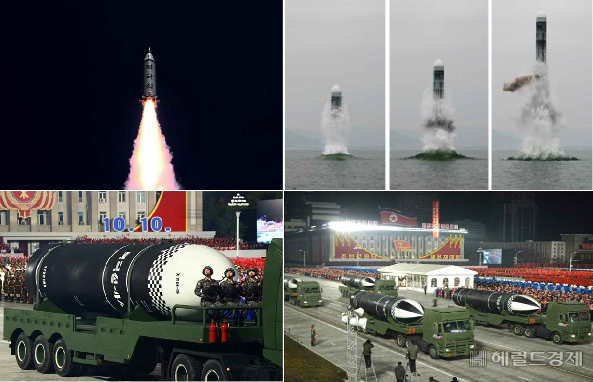 한국이 지난 15일 세계 7번째 SLBM 잠수함 발사시험에 성공했지만 전력화와는 다른 얘기다. 특히 북한은 핵탄두 탑재가 가능한 SLBM 개발 야욕을 노골화하고 있어 세계 7번째 SLBM 보유국을 향한 남북한 간 경쟁은 여전히 현재진행형이라고 할 수 있다. 왼쪽 상단부터 시계방향으로 북한의 SLBM ‘북극성-1’, ‘북극성-3’, ‘북극성-5ㅅ’, ‘북극성-4ㅅ’. [헤럴드DB]