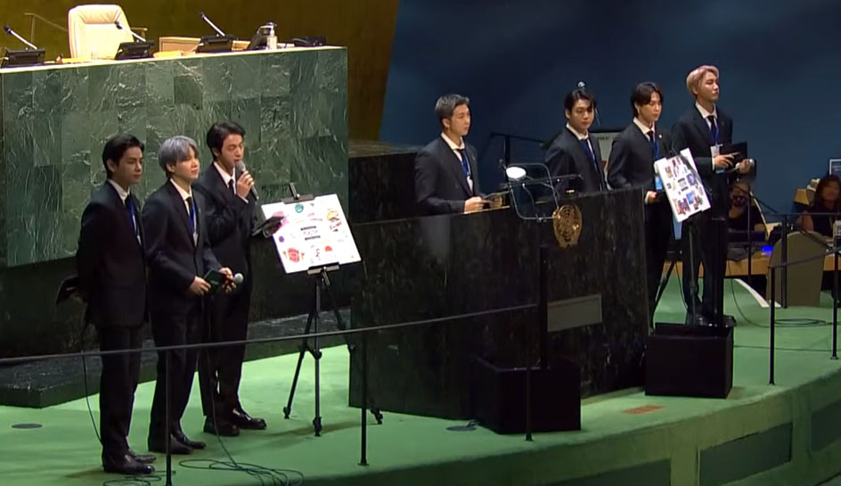 지속가능발전목표 고위급 회의(SDG 모멘트)에서 세계 청년 대표로 연설 중인 방탄소년단. [유엔 유튜브 영상 캡처]