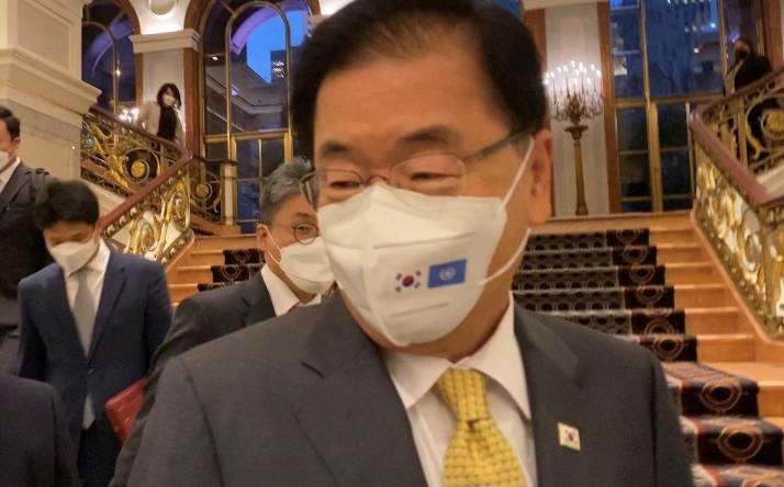 정의용 외교부 장관은 22일(현지시간) 미국 뉴욕 롯데뉴욕팰리스 호텔에서 한미일 외교장관회담을 가졌다. [연합]