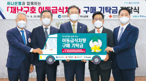 김창남(왼쪽부터) 대한적십자사 인천광역지사 지사회장, 박성호 하나은행장, 박남춘 인천광역시장, 조상범 인천사회복지공동모금회 회장, 김상균 사회복지공동모금회 사무총장이 기념촬영을 하고 있다.