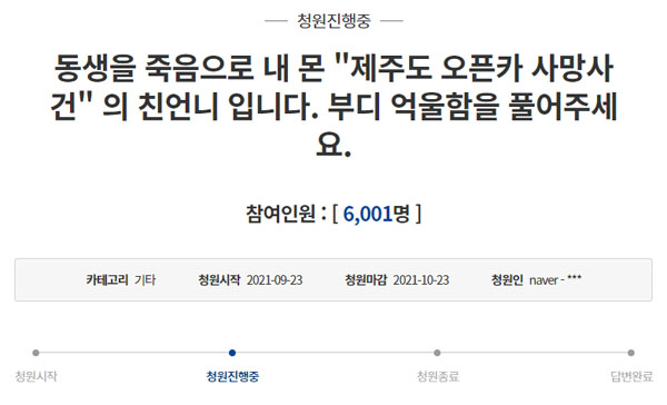 제주 오픈카 사망사건 관련 청원. [청와대 국민청원 홈페이지 캡처]