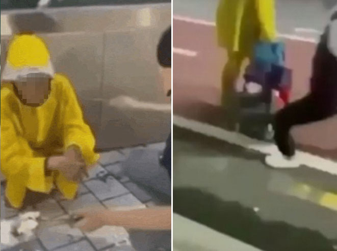 지난달 25일 오후 11시 30분쯤 경기 여주시 홍문동의 한 길거리에서 고등학생 무리가 60대 여성의 머리와 어깨를 들고 있던 꽃으로 여러 차례 때리고 여성의 손수레를 발로 찼다. [온라인커뮤니티 캡처]