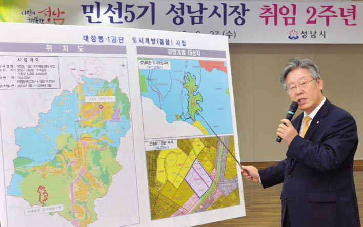 더불어민주당의 유력 대권주자인 이재명 경기지사의 대장동 개발 관련 공방에 정국이 달아오르고 있다. 사진은 지난 2012년 취임 2주년 기자회견에서 대장동 개발 계획을 발표하는 이재명 당시 성남시장. [연합]