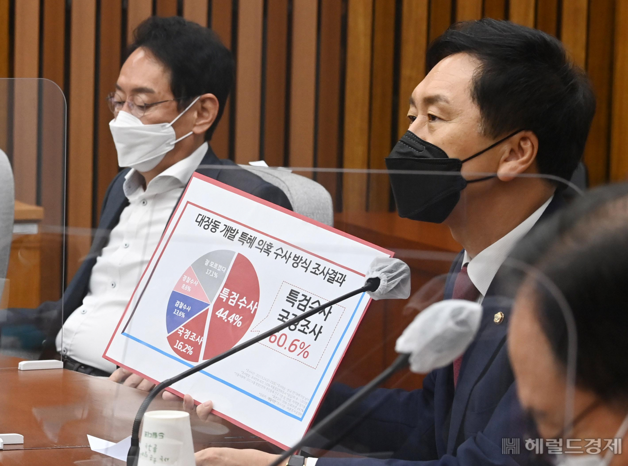 [헤럴드경제=이상섭 기자] 김기현 국민의힘 원내대표가 28일 오전 국회에서 열린 원내대책회의에서 대장동 개발 의혹 수사방식에 대해 입장을 밝히고 있다.