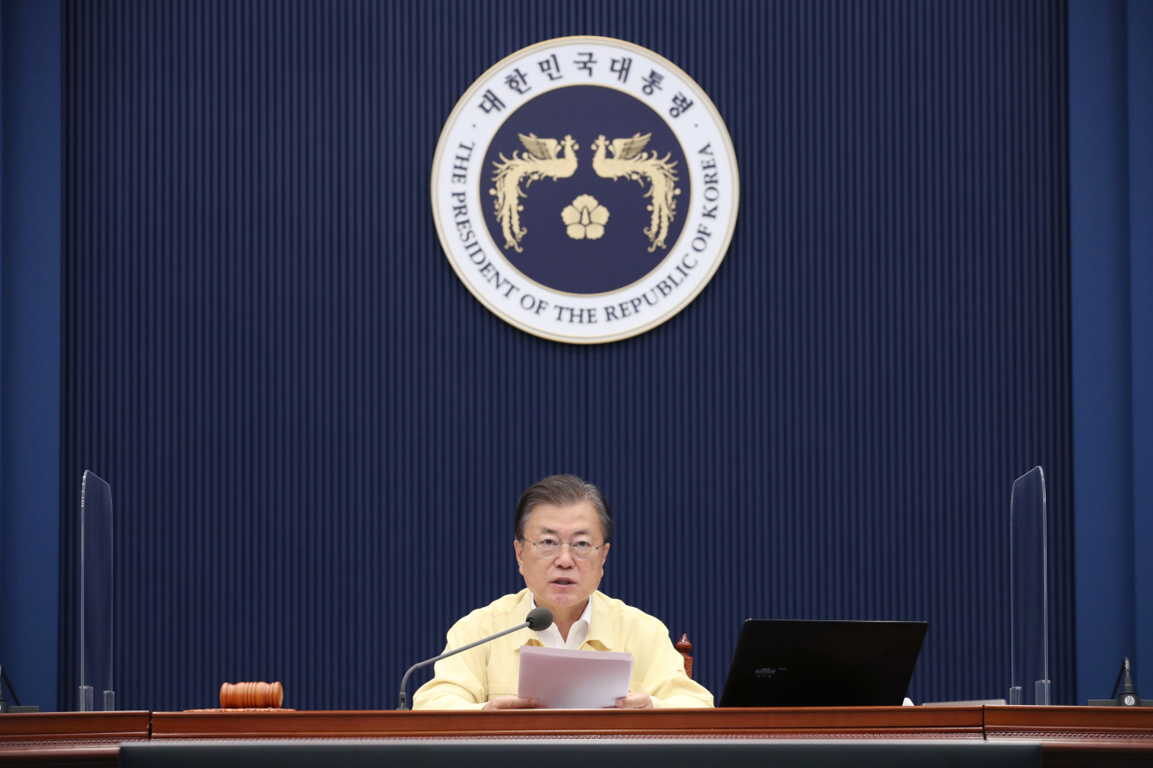 President Moon Jae-in said Korea could "no longer put off returning to normal in phases" citing economic damages during a Cabinet meeting Tuesday. (Yonhap)