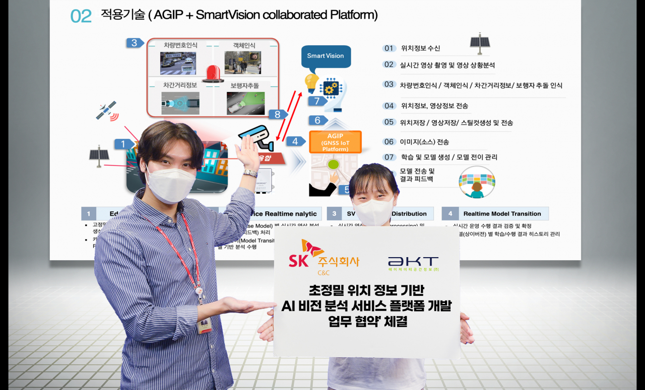 SK㈜ C&C는 공간정보 서비스 전문기업 ㈜AKT공간정보와 ‘초정밀 위치 정보 기반 인공지능(AI) 비전 분석 서비스 플랫폼 개발 업무 협약’을 체결했다고 29일 밝혔다. [SK㈜ C&C 제공]
