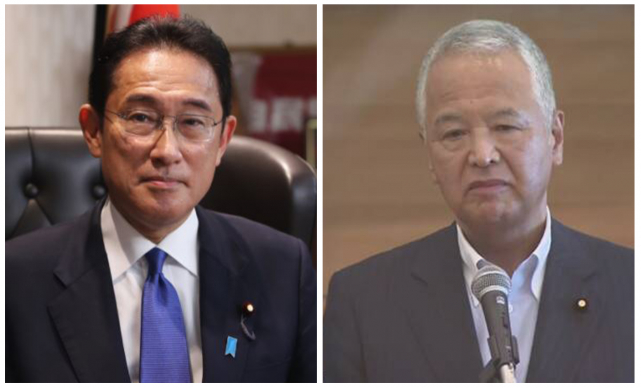 기시다 후미오(岸田文雄·왼쪽) 일본 자민당 신임 총재와 아마리 아키라(甘利明) 자민당 세제조사회장. [로이터, NHK]