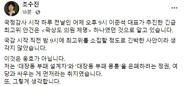 조수진 국민의힘 최고위원 페이스북 일부 캡처.