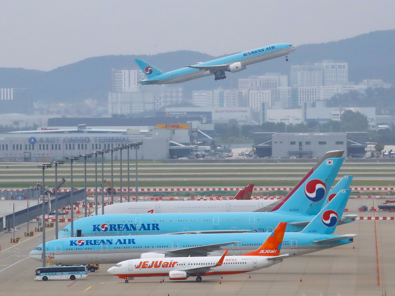 Planes are parked inside the Incheon International Airport on Monday. (Yonhap)