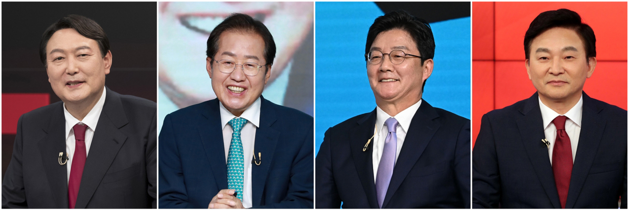 국민의힘 대선 주자를 선출하는 2차 예비경선(컷오프)을 통과한 윤석열(왼쪽부터), 홍준표, 유승민, 원희룡 후보. 국민의힘은 TV토론회 등을 거쳐 다음달 5일 최종 후보를 선출할 예정이다. [연합]