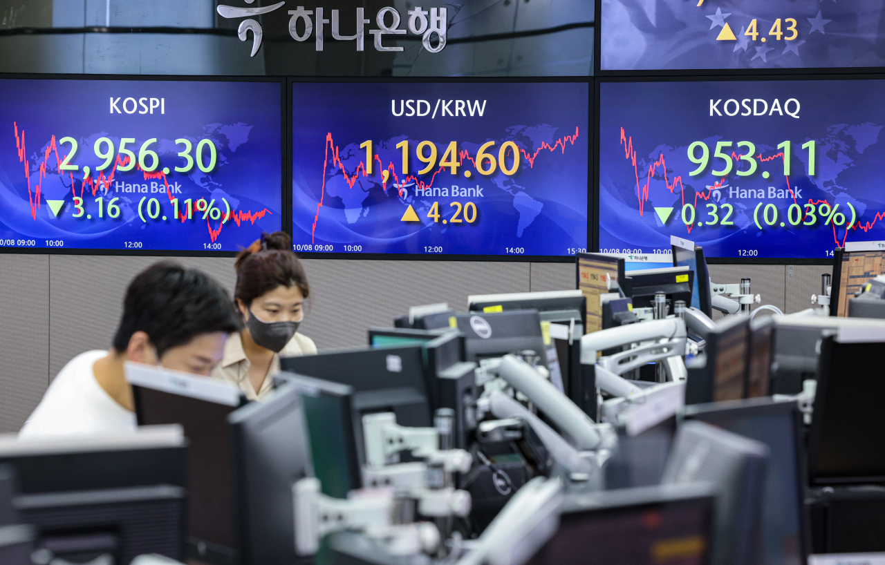 8일 오후 서울 중구 하나은행 본점 딜링룸. [연합]