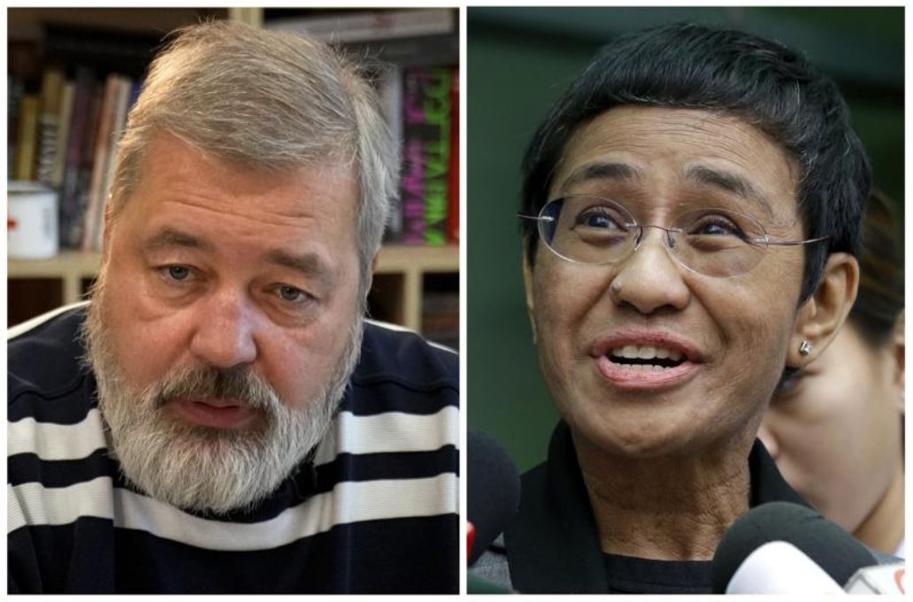A combo of file images of Novaya Gazeta editor Dmitry Muratov, left, and of Rappler CEO and Executive Editor Maria Ressa. On Friday, Oct. 8, 2021 the Nobel Peace Prize was awarded to journalists Maria Ressa of the Philippines and Dmitry Muratov of Russia for their fight for freedom of expression. (AP)