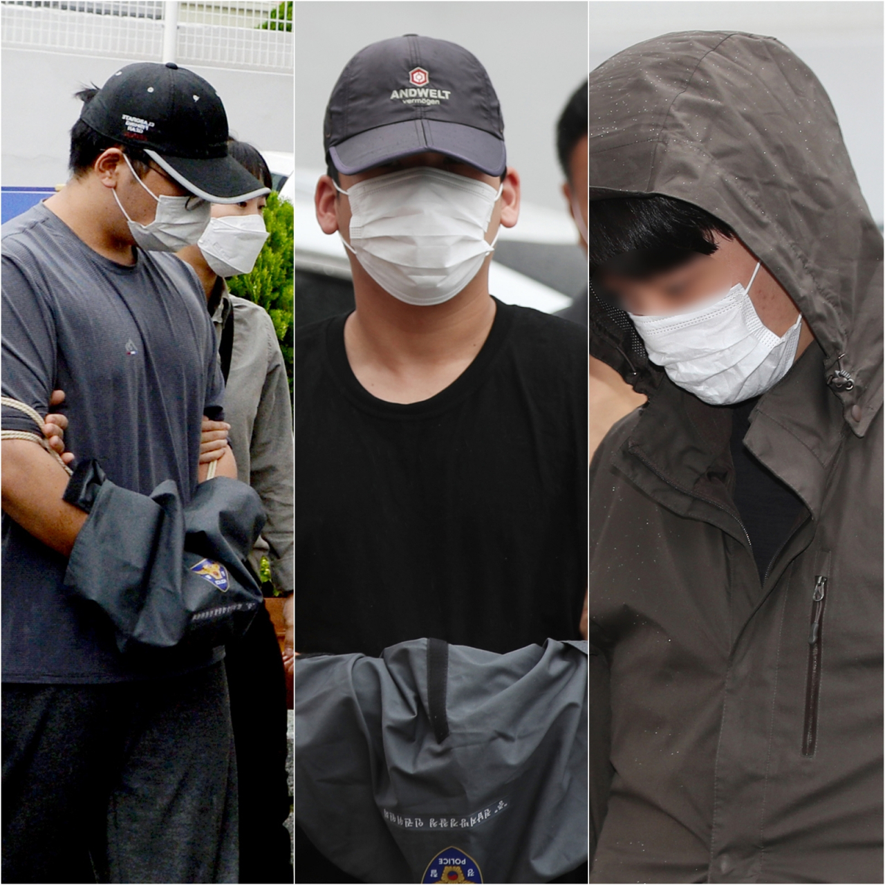 12일 오전 광주 동구 광주지법에서 살인미수 혐의를 받는 고교 동창생 3명이 영장실질심사를 받기 위해 법정으로 들어서고 있다. 사진은 왼쪽부터 남자친구 역할을 한 A(19)군, 흉기를 휘두른 B(19)군, 도주 차량 운전을 하기로 한 C(20)군의 모습. [연합]
