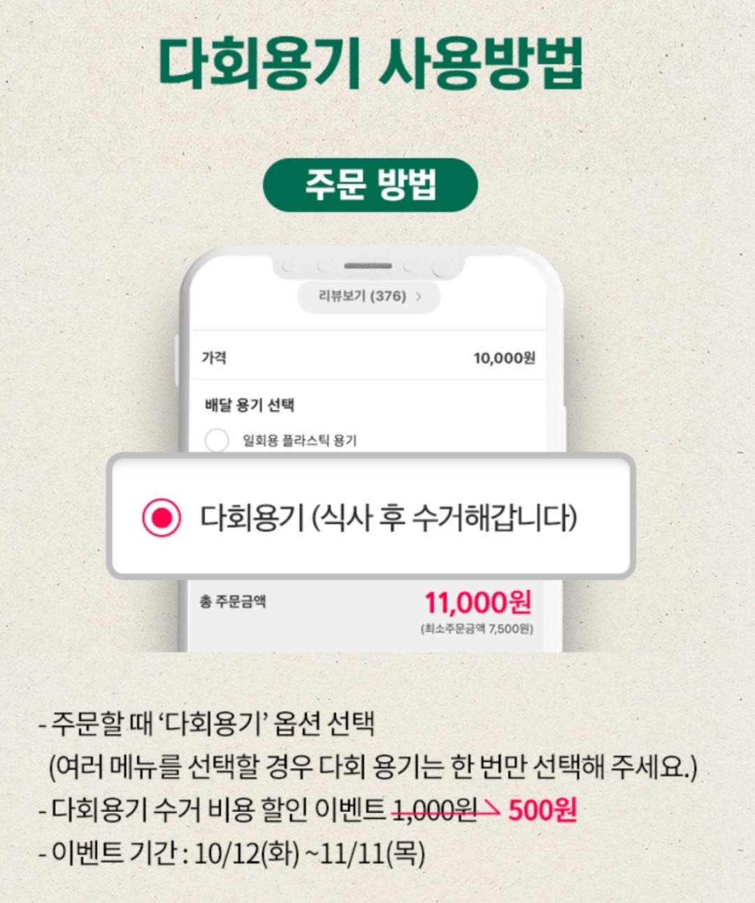 요기요가 12일 강남구 일부 음식점을 시작으로 다회용기 사용 사업을 실시한다. [요기요 캡처]