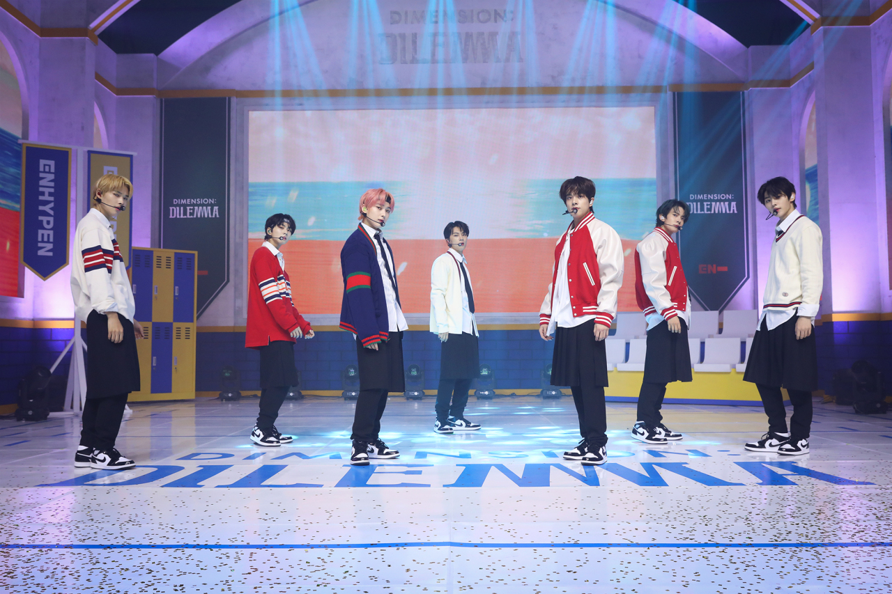 Enhypen performs to “Tamed-Dashed” during a press conference in Seoul on Tuesday. (Belift Lab)