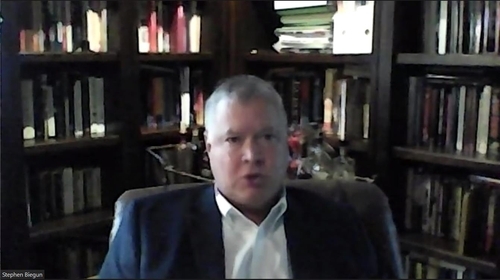 Stephen Biegun, former deputy secretary of state and special representative for North Korea, seen speaking during a webinar cohosted by George Washington University's Institute for Korean Studies and the Korea Development Institute School of Public Policy and Management on Oct. 15, 2021 in this captured image. (PHOTO NOT FOR SALE) (Yonhap)