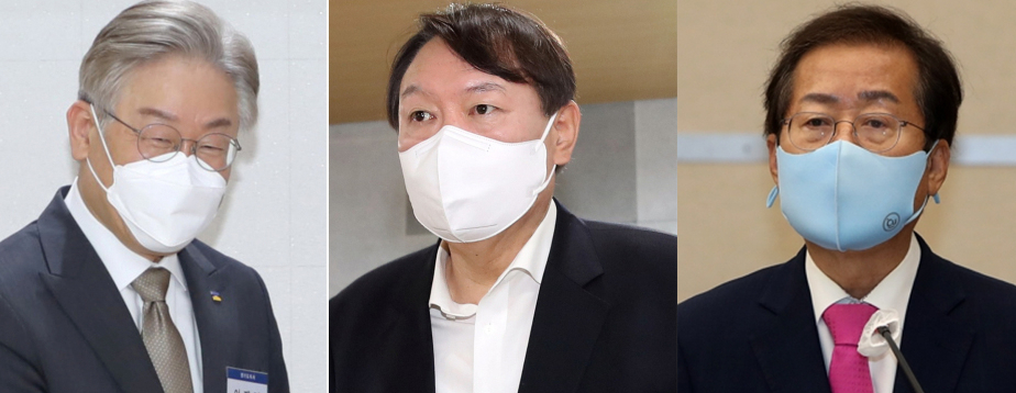 (왼쪽부터) 이재명 더불어민주당 대선 후보와 국민의힘 대선주자인 윤석열 전 검찰총장, 홍준표 의원. [이상섭 기자, 연합]