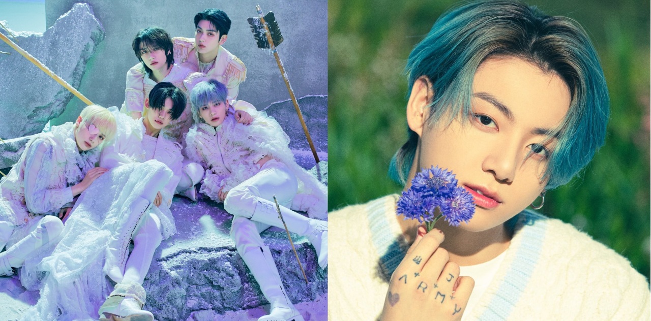 (Left) Tomorrow X Together's "The Chaos Chapter: Freeze" image / (Right) Jungkook of BTS (Big Hit Music)