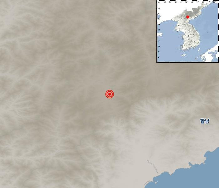 19일 오전 북한 함경남도 장진에서 두 차례 지진이 발생했다. 규모 2.8이었던 두 번째 지진의 발생 위치. [기상청 제공]
