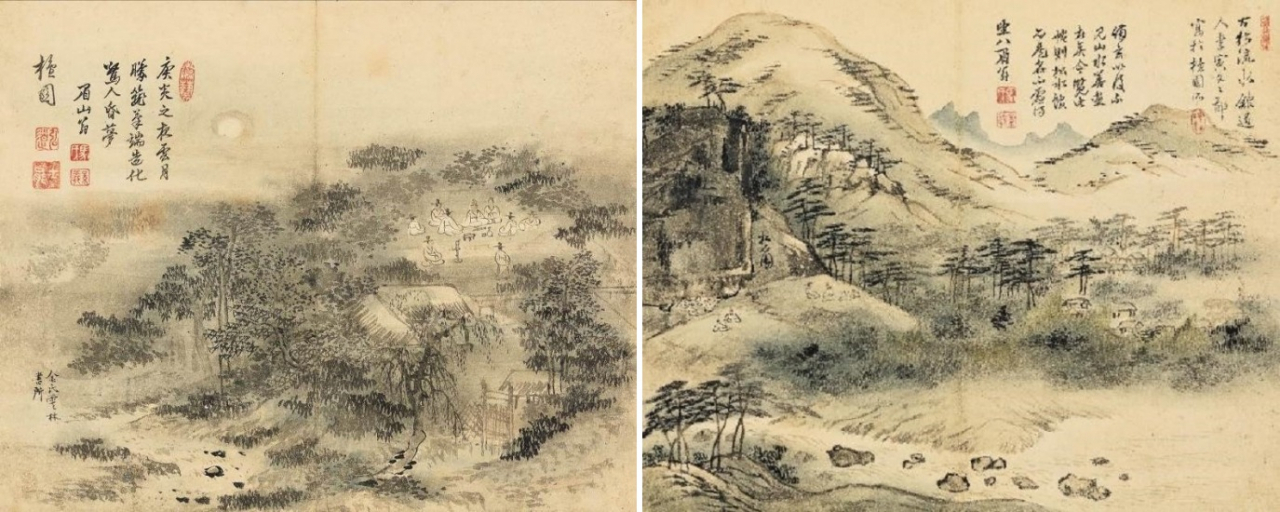 단원 김홍도, 송석원시사야연도, ink and color on paper, 31.8&times;25.5cm, 12.5&times;10.0in, 1791(왼쪽) 고송유수관 이인문, 송석원시회도, ink and color on paper, 31.8&times;25.5cm, 12.5&times;10.0in, 1791