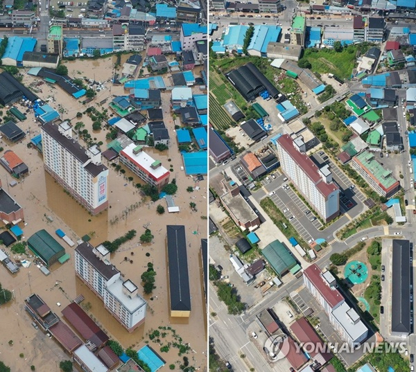 2020년 구례읍 수해사진(왼쪽)과 복구된 현재의 구례읍. [연합뉴스]