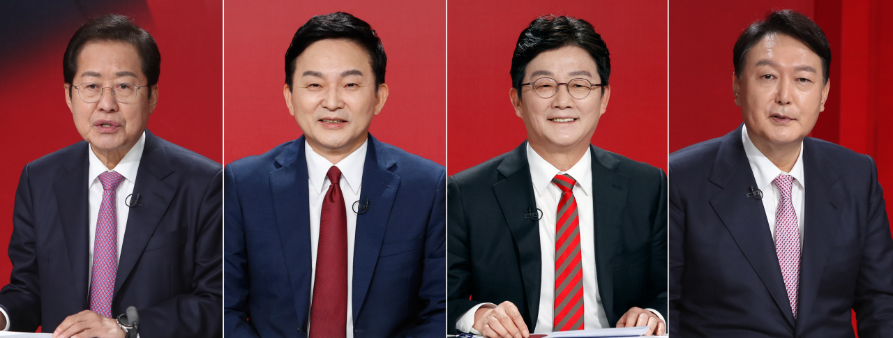 20일 오후 대구 MBC에서 열린 국민의힘 대선 경선 후보자 대구·경북 합동토론회 시작 전 후보자들이 포즈를 취하고 있다. 왼쪽부터 홍준표, 원희룡, 유승민, 윤석열 후보. [연합]