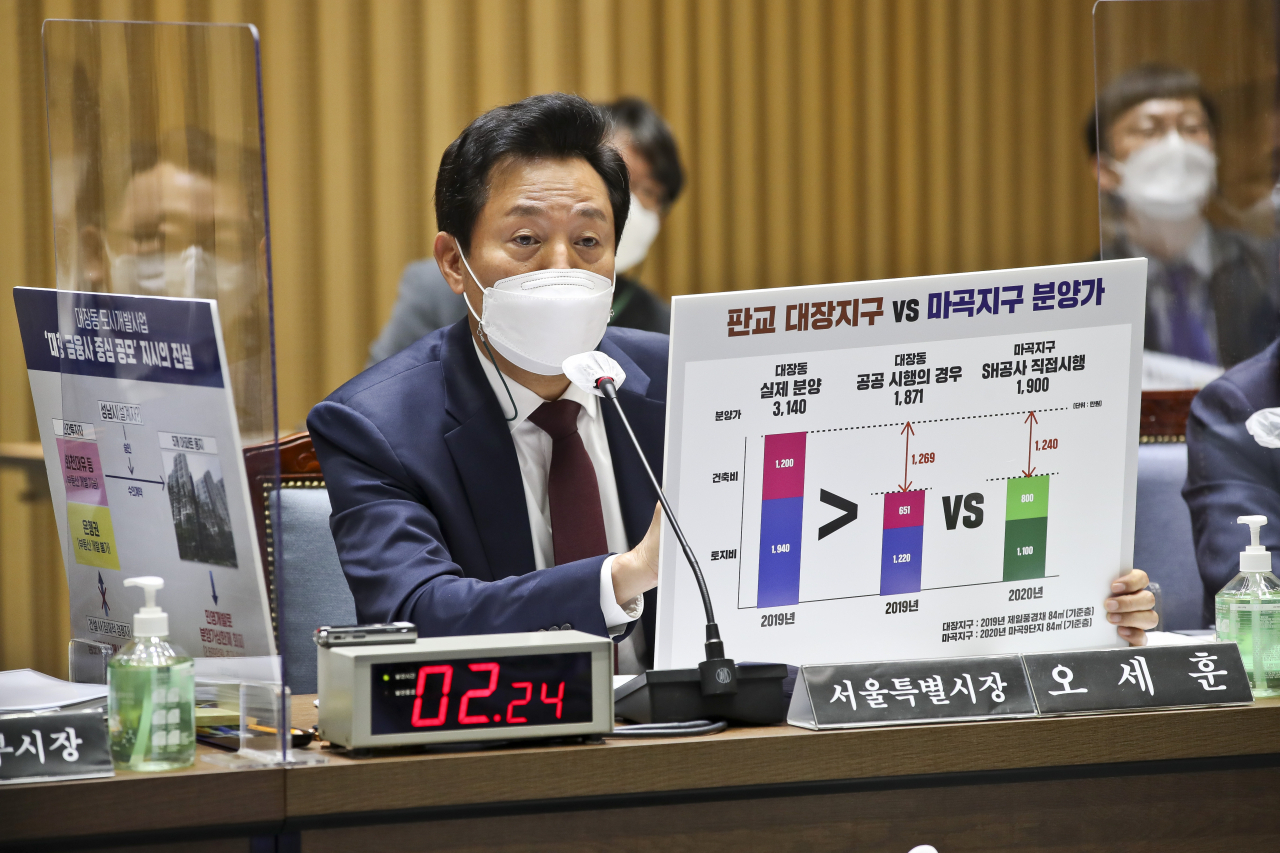 오세훈 서울시장이 지난 20일 서울시청에서 열린 국회 국토교통위원회의 서울시 국정감사에서 성남시 판교 대장지구와 서울 마곡지구 분양가 관련 피켓을 들어 보이며 답변하고 있다. [국회사진기자단]