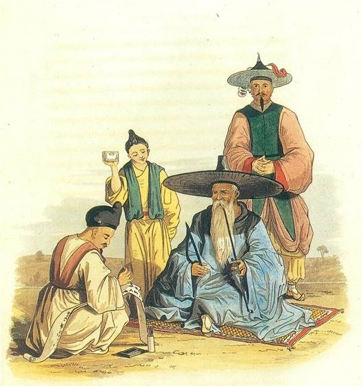 조대복 마량진 첨사의 조사를 받고 있는 나폴레옹 절친의 조카 바실홀 중령(선장)은 한국 불시착에 대해 무혐의로 확정된뒤 이들과 우정을 쌓고 성경을 전했다. 바실홀이 지은 조선서해안항해기에 나온 그림.