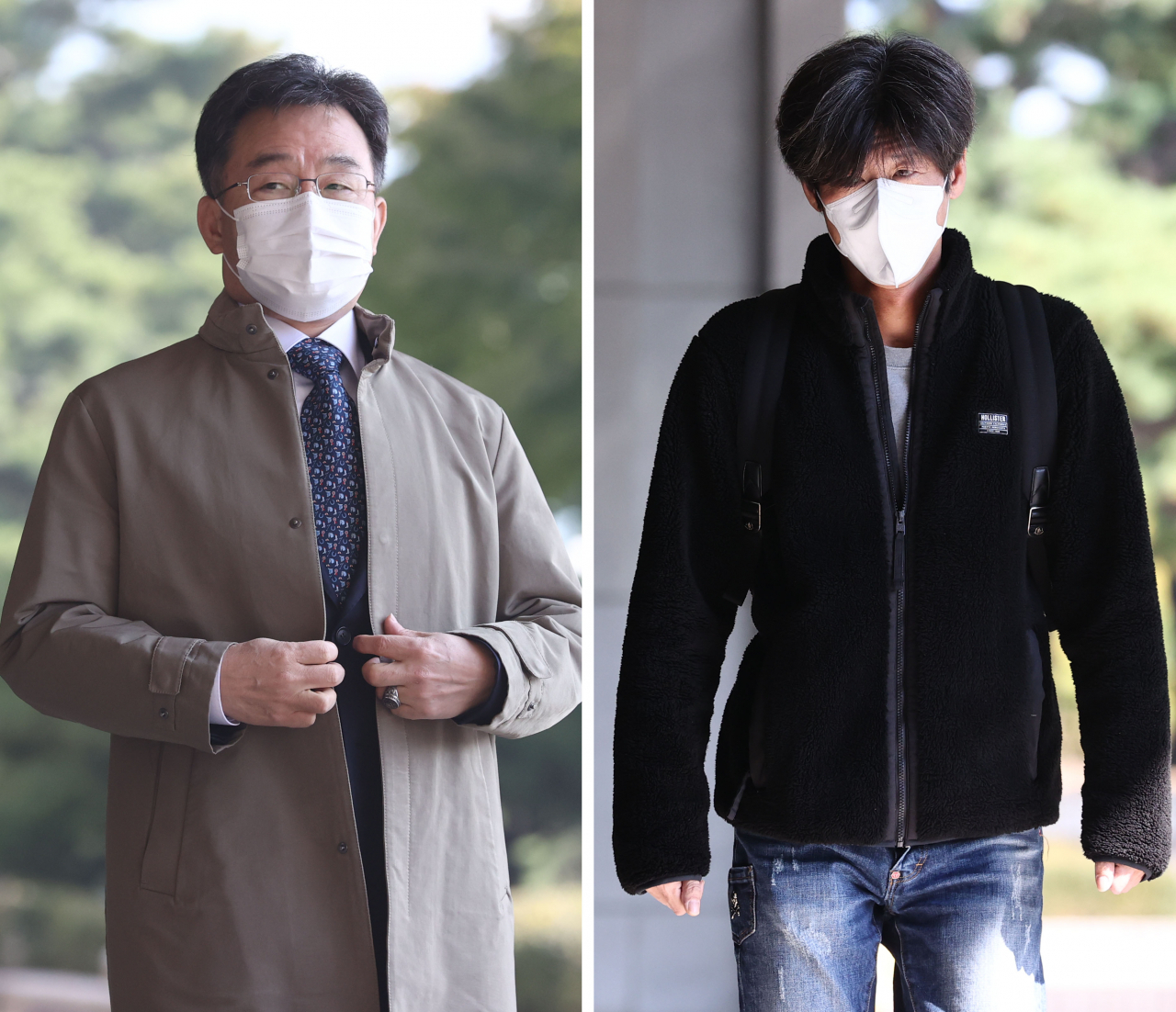성남 대장동 개발 로비·특혜 의혹 사건과 관련해 검찰 수사를 받고 있는 화천대유 대주주 김만배씨(왼쪽), 남욱 변호사가 24일 서울 서초구 서울중앙지검에 재소환돼 조사실로 향하고 있다. [연합]
