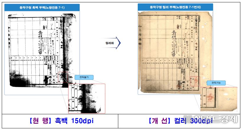 지적 보존문서 품질(해상도) 개선 전 후 비교. [서울시 제공]