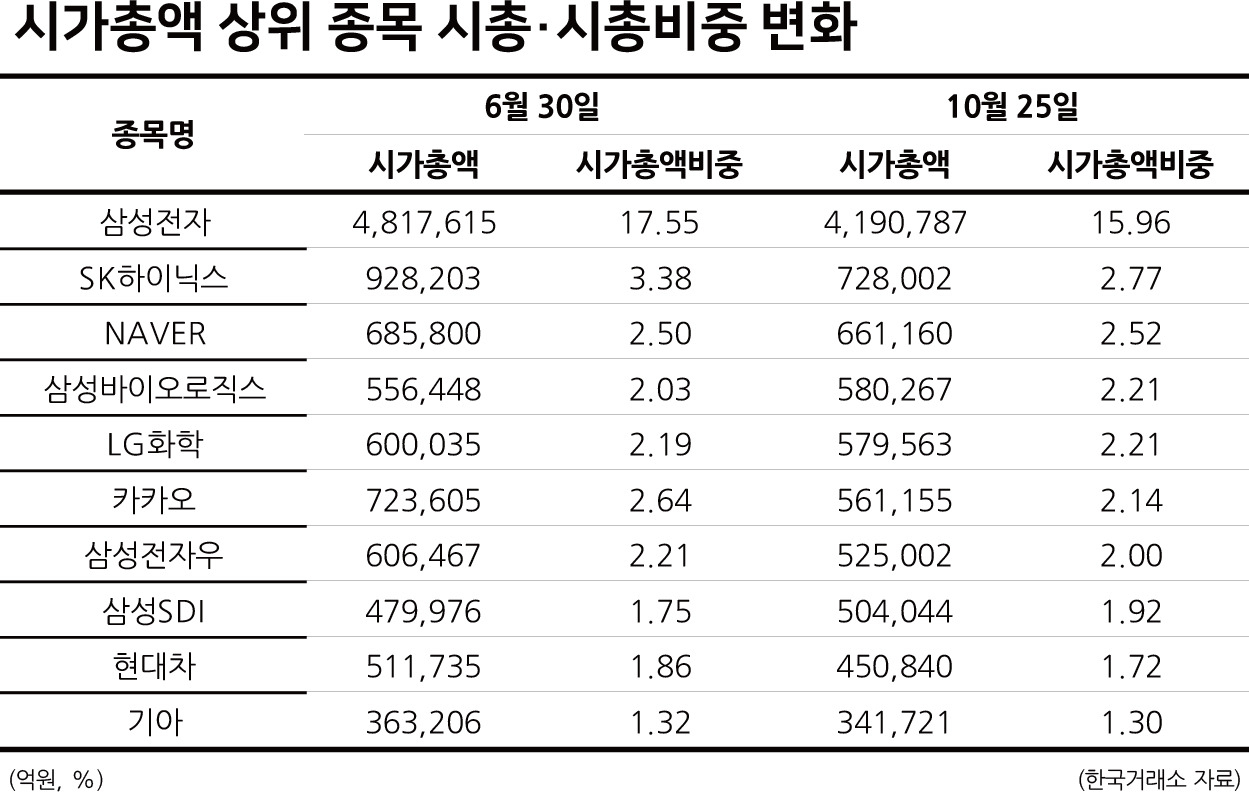 입지 줄어든 시총 상위주…시총·비중 모두 축소 - 헤럴드경제