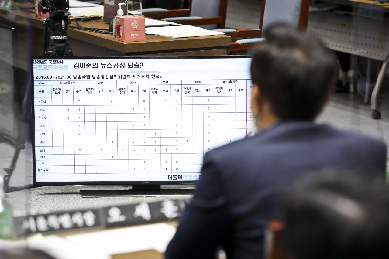 서울시가 정치 편향성 비판을 받고 있는 TBS에 내년도 예산 삭감을 예고나고 나섰다. 최근 TBS 라디오 프로그램 진행자인 김어준 씨의 이재명 더불어민주당 대선 후보 지지 발언이 담긴 컨텐츠를 공개한 가운데, 서울시의 압박 수위에 이목이 쏠린다.사진은 지난 20일 오세훈 서울시장이 서울시청에서 열린 국회 국토교통위원회의 서울시 국정감사에서 TBS 뉴스공장 관련 질의를 받고 있는 모습. [연합]