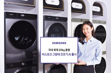 삼성전자 소속 모델이 28일 삼성 디지털프라자 강남본점에서 국내 최대 20kg 용량 건조기 ‘비스포크 그랑데 AI’ 신제품을 소개하고 있다. [삼성전자 제공]